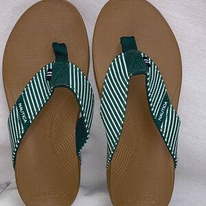 Nautica Green Striped Flip Flops with Brown Soles